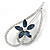 Open Asymmetrical Heart with Blue CZ Flower Brooch In Rhodium Plating - 65mm Across - view 5