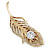 Large Austrian Crystal Peacock Feather Brooch In Gold Plating (Clear/ Amber/ Citrine) - 11cm Length - view 5