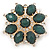 Dark Green Acrylic, Clear Crystal Flower Corsage Brooch In Gold Tone - 60mm Across