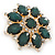 Dark Green Acrylic, Clear Crystal Flower Corsage Brooch In Gold Tone - 60mm Across - view 3