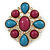 Plum/ Turquoise Acrylic Stone, Clear Crystal Corsage Brooch In Gold Plating - 55mm Across