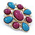 Plum/ Turquoise Acrylic Stone, Clear Crystal Corsage Brooch In Gold Plating - 55mm Across - view 2