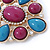 Plum/ Turquoise Acrylic Stone, Clear Crystal Corsage Brooch In Gold Plating - 55mm Across - view 3