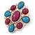 Plum/ Turquoise Acrylic Stone, Clear Crystal Corsage Brooch In Gold Plating - 55mm Across - view 4