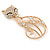 Crystal, Cat Eye Stone Kitty Brooch In Gold Tone Metal - 60mm L - view 3