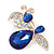 Clear Crystal, Blue Glass Stone Double Butterfly Brooch In Gold Plating - 50mm Across - view 3