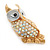 Gold Plated, White Enamel, Clear/ AB Crystal Owl Brooch - 45mm L - view 2