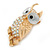 Gold Plated, White Enamel, Clear/ AB Crystal Owl Brooch - 45mm L - view 3