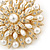 Bridal Vintage Inspired White Simulated Pearl, Austrian Crystal Layered Floral Brooch In Gold Tone - 50mm D - view 4