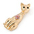 Gold Plated Kitty with Pink Crystal Flower Brooch - 60mm L - view 3