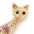 Gold Plated Kitty with Pink Crystal Flower Brooch - 60mm L - view 2