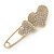 Gold Plated, Clear Crystal Double Heart Safety Pin Brooch - 70mm L