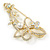 Oversized Clear/ AB Crystal, Pearl Floral Safety Brooch In Gold Tone Metal - 90mm L - view 6