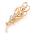 Gold Plated Clear Crystal Pearl Leaf Brooch - 80mm L - view 4