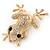 Gold Plated Clear/ Black Crystal Frog Brooch - 50mm L - view 6