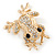 Gold Plated Clear/ Black Crystal Frog Brooch - 50mm L - view 2