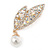 Clear Crystals Double Leaf with Pearl Brooch In Gold Plating - 60mm L - view 2