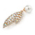 Clear Crystals Double Leaf with Pearl Brooch In Gold Plating - 60mm L - view 4