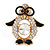 Gold Plated Clear Crystal, Black Enamel Penguin In The Glasses Brooch - 35mm L