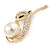 Gold Plated Clear Crystal with Glass Pearl Fox Brooch - 50mm - view 2