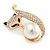 Gold Plated Clear Crystal with Glass Pearl Fox Brooch - 50mm - view 3