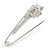 Medium Clear Crystal Double Flower Safety Pin In Silver Tone - 65mm L - view 4
