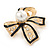 Gold Tone, Black Enamel, Crystal, Pearl Bow Brooch - 40mm L - view 4