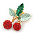 Holly Green Enamel Leaves and Dangling Red Crystal Berries Christmas Brooch In Gold Tone - 40mm L - view 2