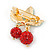 Holly Green Enamel Leaves and Dangling Red Crystal Berries Christmas Brooch In Gold Tone - 40mm L - view 3