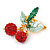 Holly Green Enamel Leaves and Dangling Red Crystal Berries Christmas Brooch In Gold Tone - 40mm L - view 4