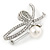 Clear Crystal, White Pearl Ribbon Brooch In Silver Tone - 65mm - view 4