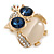 Gold Plated Clear/ Blue Crystal with Cat Eye Stone Owl Brooch - 35mm L - view 3