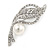 Clear Crystal, White Glass Pearl Leaf Brooch In Silver Tone - 55mm L