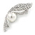 Clear Crystal, White Glass Pearl Leaf Brooch In Silver Tone - 55mm L - view 3