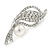 Clear Crystal, White Glass Pearl Leaf Brooch In Silver Tone - 55mm L - view 4