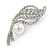 Clear Crystal, White Glass Pearl Leaf Brooch In Silver Tone - 55mm L - view 6
