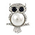 Clear/ Dark Blue Crystal, White Glass Pearl Sitting Owl Brooch/ Pendant In Silver Tone - 45mm L