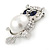 Clear/ Dark Blue Crystal, White Glass Pearl Sitting Owl Brooch/ Pendant In Silver Tone - 45mm L - view 2