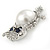 Clear/ Dark Blue Crystal, White Glass Pearl Sitting Owl Brooch/ Pendant In Silver Tone - 45mm L - view 4