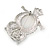 Clear/ Dark Blue Crystal, White Glass Pearl Sitting Owl Brooch/ Pendant In Silver Tone - 45mm L - view 5