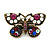 Vintage Inspired Multicoloured Crystal Butterfly Brooch In Antique Gold Metal - 45mm