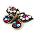 Vintage Inspired Multicoloured Crystal Butterfly Brooch In Antique Gold Metal - 45mm - view 5