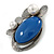 Royal Blue Ceramic Oval Stone with Pearl Flowers Brooch/ Pendant In Pewter Tone Metal - 70mm - view 5