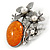 Vintage Inspired Amber Style Stone with Pearl Flowers Pewter Tone Brooch/ Pendant - 70mm - view 5