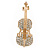 Gold Tone Clear Crystal Violin Musical Instrument Brooch - 50mm