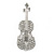Silver Tone Clear Crystal Violin Musical Instrument Brooch - 50mm