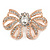 Rose Gold Tone Metal Clear Crystal Bow Brooch - 50mm W
