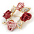 Red/ Pink Enamel Crystal Wreath Brooch In Gold Tone - 50mm D - view 3