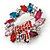 Red/ Pink/ Teal Crystal Christmas Holly Wreath Brooch In Silver Tone - 40mm - view 4