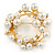White Glass Pearl, Clear Crystal Wreath Brooch In Gold Tone Metal - 55mm D - view 6
